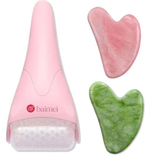 BAIMEI Ice Roller for Face and Rose Quartz Gua Sha Facial Tool, Face Massager Tool for Puffiness