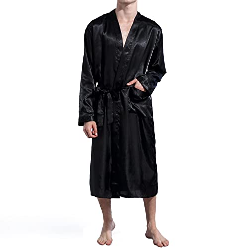Nuofengkudu Hombre Saten Albornoz Manga Larga con Bolsillo Soft Kimono Japones Batas Peluqueria Color Sólido Pijamas Premama Batas de Casa Novia Boda Sleepwear(XXL, Negro)