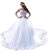 POMUYOO Women's Long Wedding Dresses for Bride 2024 Lace Wedding Bridal Gowns with Sleeves