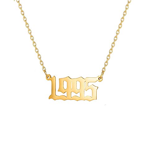 Birth Years Necklace for Women Girl,Initial Number Year Pendant Necklace Men Boy Birthstone Charm Friendship Old English Arabic Mumerals Stainless Steel Necklace Jewelry(Year Necklace 1995,Gold)