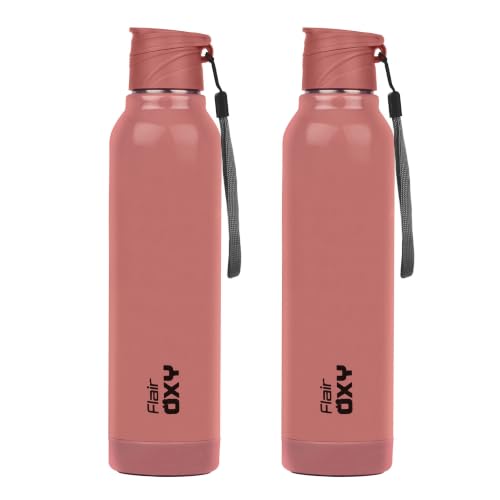 Image of FLAIR Oxy 900 Stainless Steel Water Bottle Set of 2 (650 ml Each), Pink, Hot & Cold, Leakproof, BPA-Free, ISI Certified, Stainless Steel Bottle for Office, Gym, Travel, Trekking & Outdoor Sports