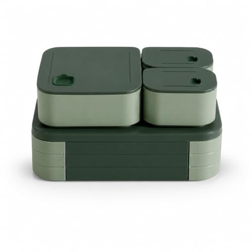 Image of YELONA Bento Lunch Box - 1100 ML for Adults & Kids | 3 Compartment Food Container with Separate Lids | Leakproof, Microwave Safe, PP5 BPA-Free for Office, School & Travel (Dark Green)