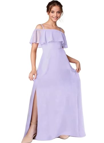 Off Shoulder Girls Junior Bridesmaid Dress for Wedding Chiffon Flower Girl Dresses for Teen with Slit4