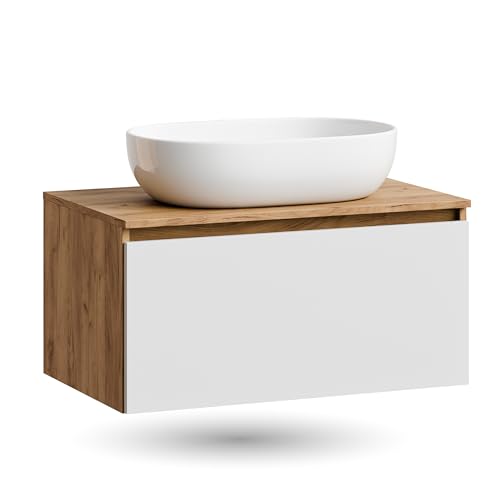 Planetmöbel - Set di mobili da bagno Arisa, armadietto lavabo 80 cm in rovere bianco e oro, lavabo 60 cm bianco, incluso sifone salvaspazio