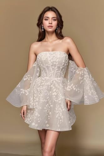 SHANDUAO Lace Short Wedding Dresses for Bride Strapless Lace Bridal Evening Party Gown ZS3002