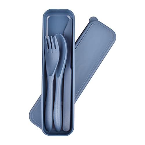 Cubiertos de plástico reutilizables con estuche, juego de utensilios oscuros portátiles para niños y adultos, vajilla para camping, apto para lavavajillas(azul)
