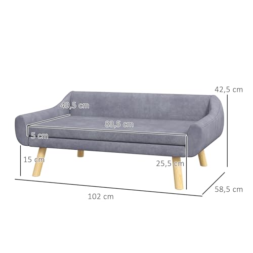 PawHut Hundesofa Katzensofa mit Rückenlehne, Hundecouch mit Holzbeine, Haustiersofa mit Kissen, Hundebett für mittelgroße und große Hunde, Samt, Grau, 102 x 58,5 x 42,5 cm