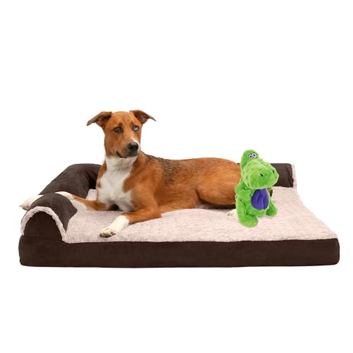 Image of FurHaven Orthopedic Dog Bed & goDog Toy - Squeaky Plush Dino with Chew Guard Technology for Large Dogs - Two-Tone Plush Faux Fur & Suede L Shaped Chaise - Espresso, Jumbo /XL