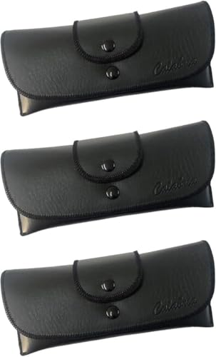 Image of Calabria Double Snap Belt Loop Eyeglass Case PU Leather Black 3Pack Old School Eye Glasses Pouch Semi-Hard Sunglass Holder