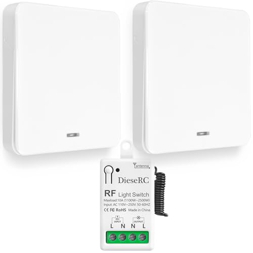 DieseRC Interrupteur de Lumière Sans Fil, Interrupteur émetteur RF pour Panneau Mural de type 86 et Contrôleur-récepteur à Relais de 10 A, pour des Lumières Jusqu'à 1500 W