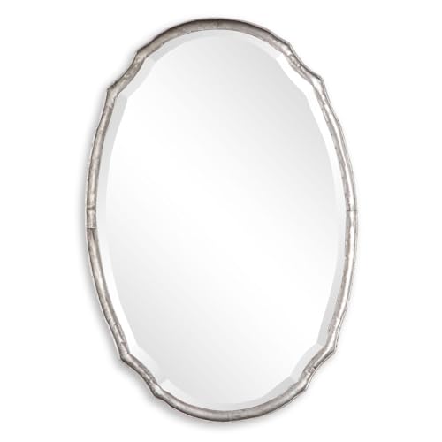 Moss + Fig Midora Antique Silver Mirror | Modern Oval Hammered Iron Frame Bathroom Vanity Mirror Mounted Vertical or Horizontal (24 in. W x 36 in. H x 2 in. D)