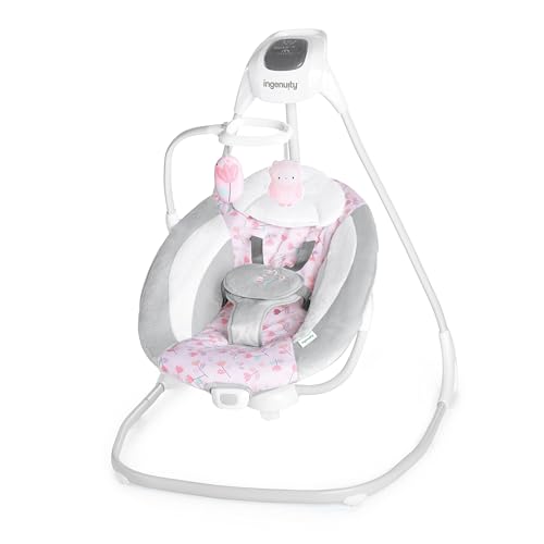 Image of Ingenuity SimpleComfort Lightweight Compact 6-Speed Multi-Direction Baby Swing, Vibrations & Nature Sounds, 0-9 Months 6-20 lbs (Pink Cassidy)