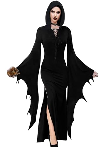 Damen Fledermaus Ärmel Kleid - Sexy Gothic Karneval Mittelalter Vampir Kostüme Erwachsene Wednesday Hexen Cosplay Addams Kleidung Fledermaus...