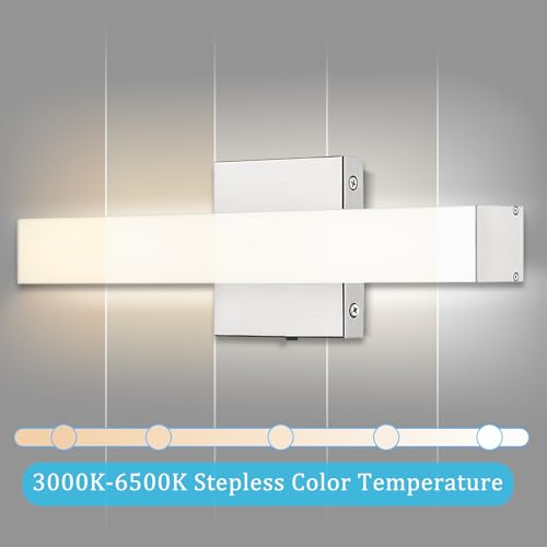 Image of Bathroom Vanity Light Brushed Nickel, 5CCT Black Wall Sconce,16 Inches Hardwired LED Light Fixtures, 16W Dimmable Wall Lamp Over Mirror, Modern Bar Lighting Fixtures for Living Room