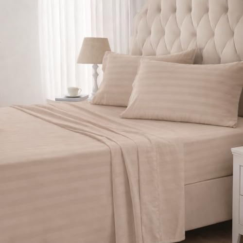 Image of Double Size Bedsheets for Single Bed 600 TC - Cotton Elastic Fitted Sheet (48 x 78 Inches) with 10 Inch Drop- Color Taupe Stripe [ Fitted Sheet with 2 Pillow Cover]