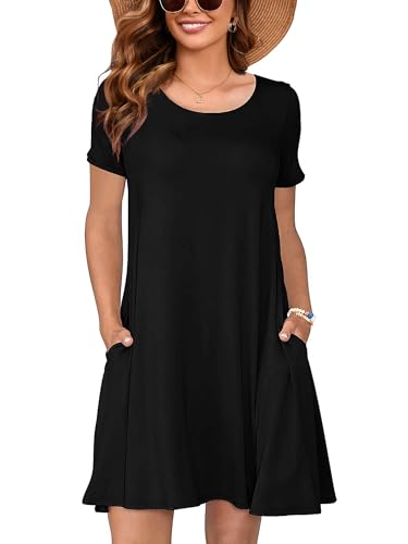 Image of Heymoments Women's Short Sleeve Crewneck Sundress Summer Casual A-Line Beach Dress with Pockets S-2XL