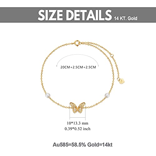 14K Solid Gold Butterfly Anklet For Women, Real Pearl Fine Jewelry Ankle Bracelet Gifts For Her #TOP3