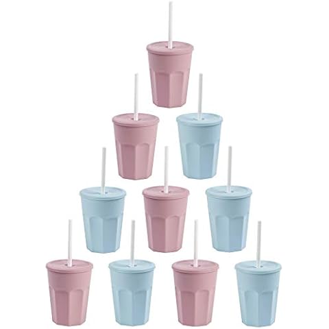 Engelland - Juego de 10 vasos de plástico reutilizables con tapa y pajita, azul y rosa, 0,25 l Cover