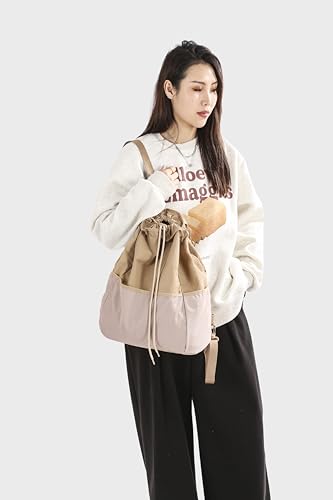 Drawstring Gym Backpack, Water-Resistant Casual Bag for Women Men, Draw String Back Bag with Multi-Pockets for Beach Swim Travel Workout, Brown3