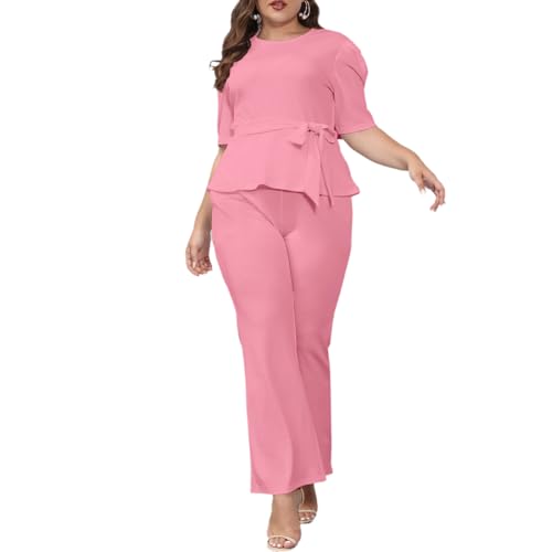 ThusFar Plus Size 2 Piece Outfits for Women Blazer Top Long Sleeve Long Pants Sets Casual Elegant Business Suit with Belt