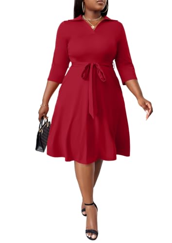 Image of FANDEE Plus Size Midi Dress for Women - Printing Summer Dresses for Wedding Guest Cocktail Party 3 /4 Sleeve V Neck（L-5XL）
