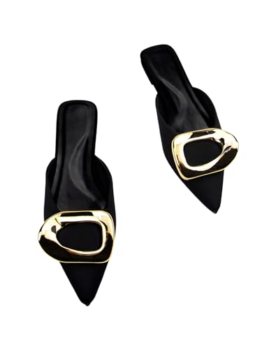 OYOANGLE Women's Metal Decor Flats Pointed Toe Slip On Backless Elegant Mule Shoes