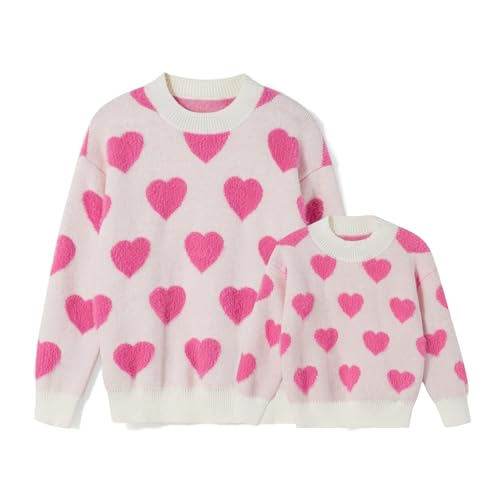 Mommy and Me Valentine's Day Sweaters Crewneck Heart Knit Sweatshirt Pullover Tops Mom and Daughter Matching Outfits(Kid,2-3 Years,Pink)