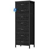 Furnulem Bedroom Dresser, Tall Chests of Drawers with 7 Fabric Bins, Black Organizer in Closet, Dorm, Living Room, Nursery, Hallyway-Storage Tower Unit, Sturdy Steel Frame