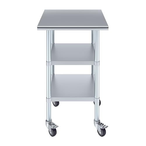 Image of AmGood Stainless Steel Work Table with 2 Shelves and Casters | Metal Utility Table On Wheels (Stainless Steel Work Table with 2 Shelves + Casters, 24 inch Long x 24 inch Deep)