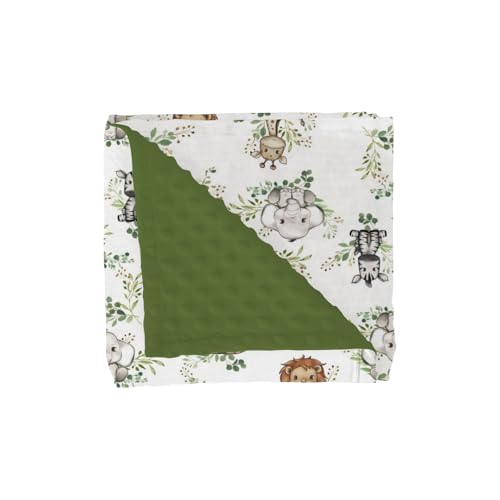 Cute Jungle Safari Animals Green Leaves Baby Blankets for Girl Boy Lion Giraffe Elephant Zebra Soft Mink Dotted Backing Double Layer Swaddle Blanket...