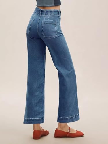 Tankaneo Wide Leg Jeans for Women Trendy High Waisted Flare Stretchy Jeans Cropped Baggy Denim Pants with Front Patch Pockets3