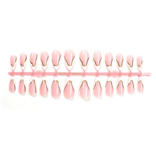 Image of NBNTGH White French Tip Press on Nails Gold Line Fake Nails Medium Almond False Nail with Design Nude Glue on Nails Artificial Acrylic Full Cover Glossy Stick on Nail for Women Manicure 24Pcs