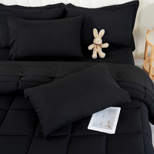 DOWNCOOL King Size Comforter Set, 7Pcs Bedding Comforter Sets Black, All Season Down Alternative Bedding Comforter Sets with Comforter, Flat Sheet, Fitted Sheet, 2 Pillow Shams & 2 Pillowcases