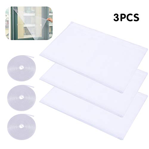 SUI-lim 3 Stück Moskitonetze für Fenster, Fliegengitter für Fenster Fliegennetz Insektenschutz Fenster, Zuschneidbar Mückenschutz Insektenschutz, mit 3 Rollen Selbstklebeband(130 cm x 150 cm)
