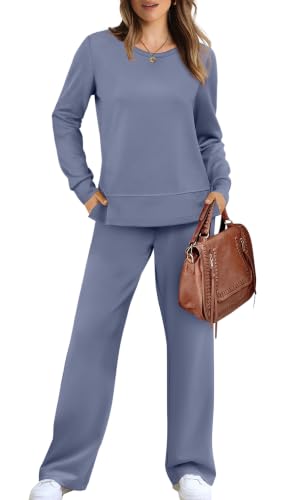 Image of WIHOLL Women's 2 Piece Lounge Sets Sweatshirt Casual Travel Outfits Fashion Wide Leg Tracksuit Cozy Sweatsuits