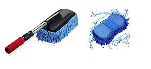 HEMSKAR® Microfiber Car Cleaning Duster & Sponge for Car Washing,Home,Kitchen,Office Cleaning_1 Sponge & 1 Large Duster Combo