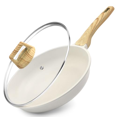 GiPP Sartén Antiadherente de Cerámica con Tapa，Sartenes para freír Saludable y No Tóxica,Compatible con Inducción,Libre de PFAS y PFOA,Apta para Lavavajillas（Blanco,24cm+Tapa）