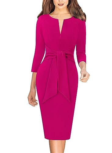 Image of VFSHOW Womens Front Zipper Tie Waist Bow 3 /4 Sleeve Slim Fitted Work Business Office Party Bodycon Pencil Sheath Dress