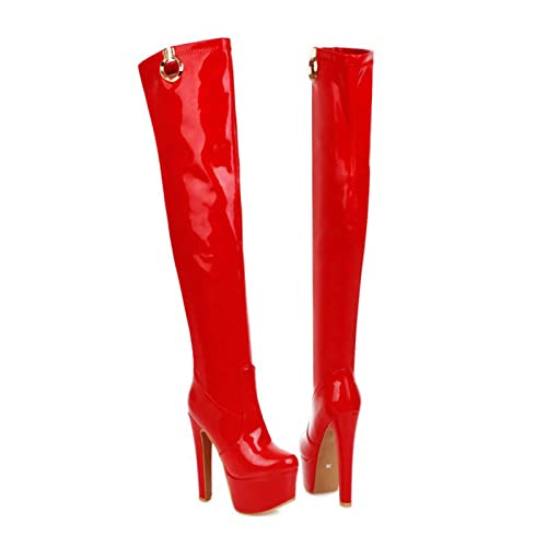 Bottes au-dessus du genou en cuir verni noir à talon de 15cm pour femme