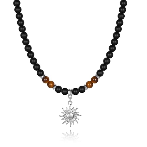 Image of GINAZL Mens Necklace Natural Healing Black Obsidian Tigers Eye Beaded Sun Necklace Anniversary Birthday Gifts for Men Boyfriend