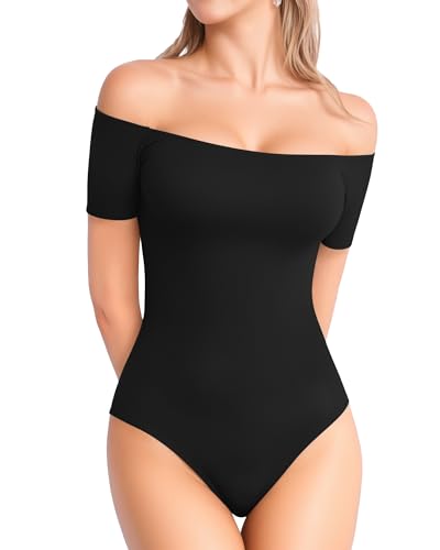 MANGOPOP Women's Off The Shoulder Short Sleeve Bodysuit Sexy Backless Body Suit Tops Black S