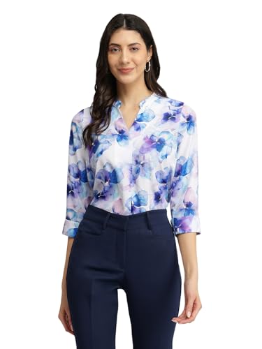 FableStreet Women Formal Top | Relaxed Fit Mandarin V-Neck with Front Pleat Detail & 3/4 Sleeves | Breathable Satin Fabric & Floral Print for Office Blue