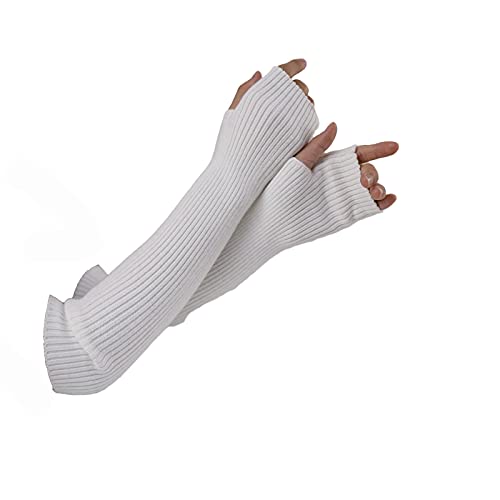 Arm Warmers Women, Facecozy Knit Warm Cashmere Blend Long Fingerless Gloves For Women Cold Weather Mittens With Thumb Hole (White, 19.6"/50Cm) #TOP2