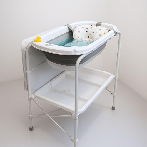 Bañera Multifuncional para Bebé 5en 1: Plegable con Soporte, con Cojín Antideslizante, Cambiador, Bandejas Organizadoras, Desagüe con Tubo y Soporte para Ducha (Gris Cojín)