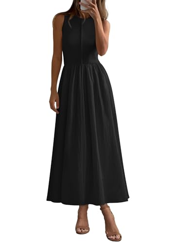 PRETTYGARDEN Maxi Dresses for Women 2025 Summer Casual Sleeveless Patchwork Flowy Vacation Sundress Knit Long Work Tank Dress