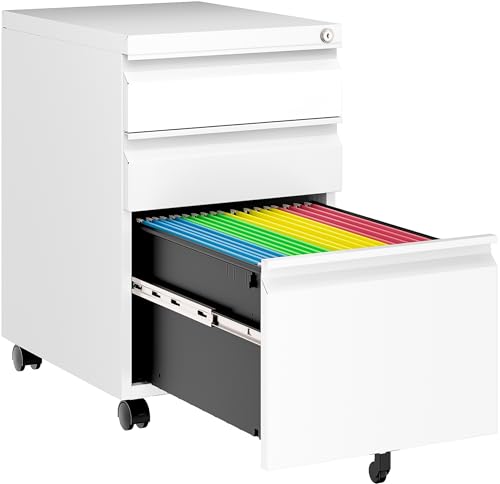 Image of Assembled 3 Drawer File Cabinet with Wheels,Under Desk File Cabinet with Lock,White Rolling Filing Cabinets, Metal Filing Cabinets for Home Office,Fit A4 /Letter /Legal,Pre-Assembled Except Caster
