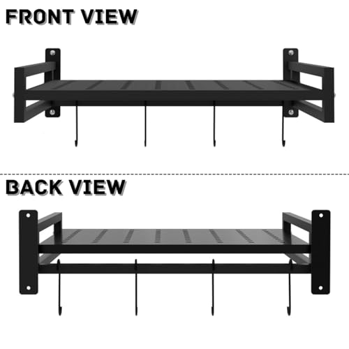 Image of REMANENCE Microwave Oven Stand Wall Mount Heavy Load Shelf Stand 4-Hooks Kitchen Wall Mounted Storage Organiser OTG Printer Shelf Fax Rack Black (1 Tier)