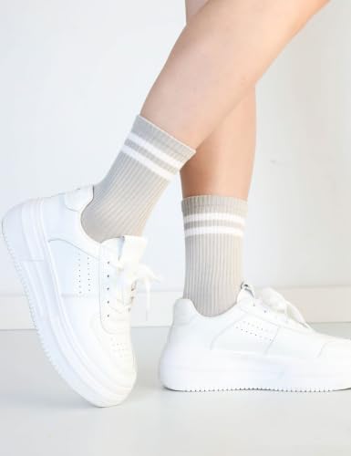 Image of 6 Pairs Solid Color Retro Striped Crew Socks for Women Girls