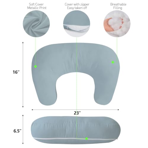 Image of Plushii U-Shaped Nursing Pillow with Washable Cover,Blue | Ergonomic U-shaped breastfeeding support pillow for mom and baby, featuring a soft, breathable and washable cover
