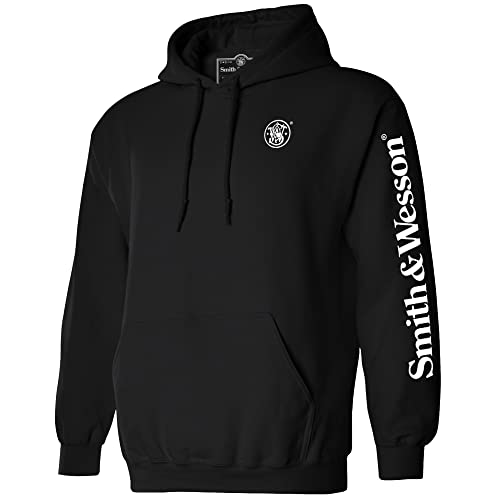 Smith & Wesson Officially Licensed Men's Hooded Sweatshirt, Long Sleeve Pullover Graphic Hoodie with Arm and Chest Logo (US, Alpha, Large, Regular, Regular, Black)